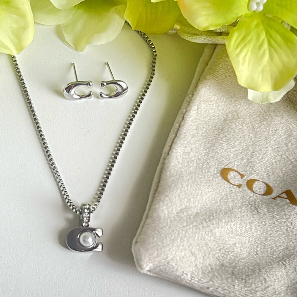 Coach Silver-Tone Necklace with Pearl Pendant and Hoop Earrings - Picture 2 of 7